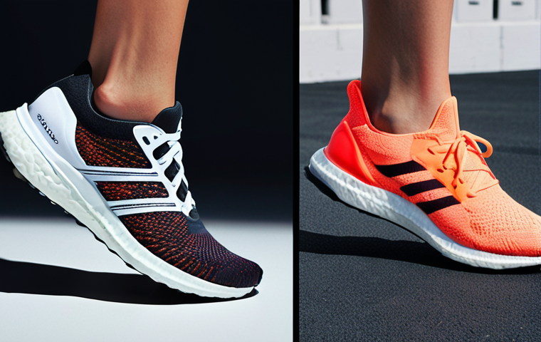 **Image Prompt:** A split-screen showcasing two different running shoes. On the left, a Nike Flyknit shoe with a vibrant, futuristic design, emphasizing its snug fit and React foam cushioning. A runner with narrow feet is shown comfortably wearing the Nike. On the right, an Adidas Ultraboost shoe with a classic, understated design, highlighting its wider toe box and Boost technology. A runner with wider feet is wearing the Adidas comfortably. The background subtly reflects each brand's aesthetic: Nike with bold colors and a dynamic feel, Adidas with clean lines and a minimalist vibe.