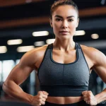 H M 액티브웨어 추천 - A dynamic, athletic woman in her late 20s is captured mid-movement during a high-intensity interval ...