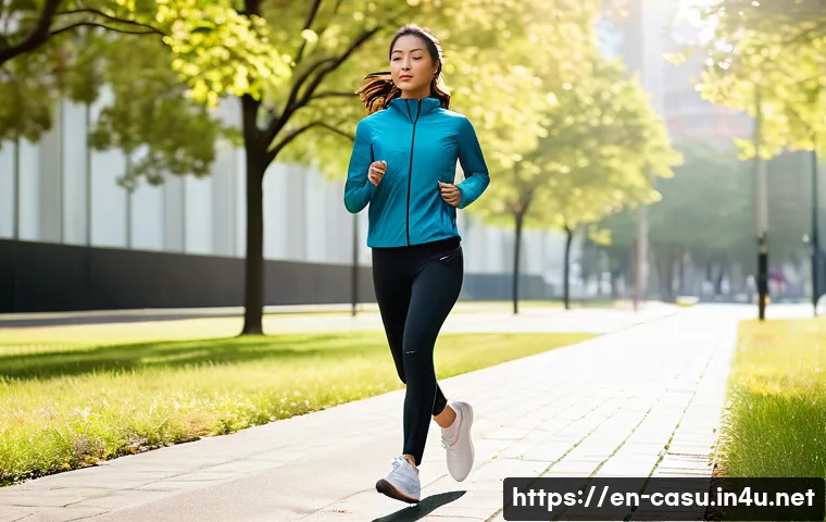 유니클로 액티브 라인 활용법 - A dynamic scene of a young adult woman jogging in a city park wearing Uniqlo’s Ultra Stretch Joggers...