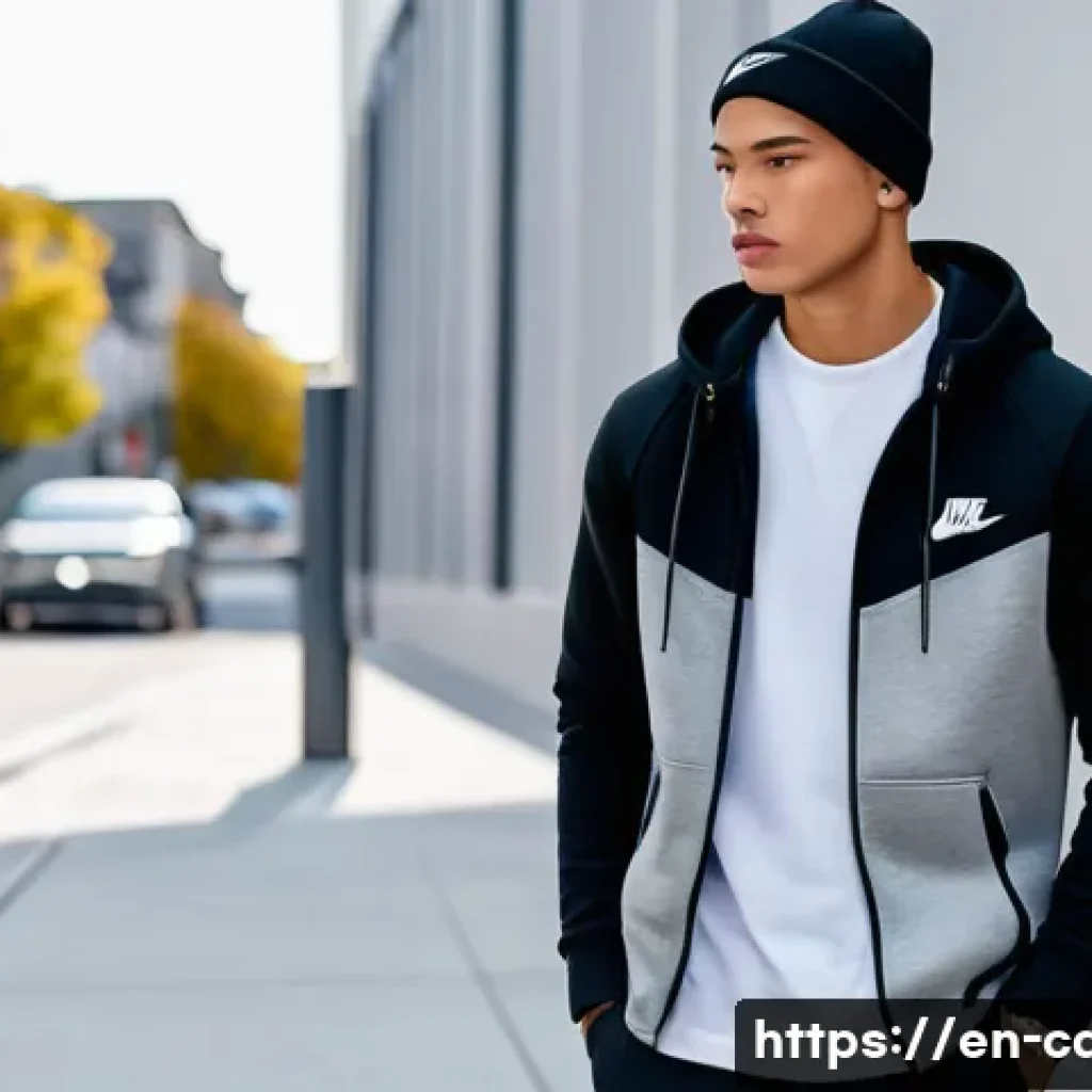 나이키 테크 플리스와 후드티 코디 - A stylish young adult male model wearing a sleek black Nike Tech Fleece jacket layered over a slight...