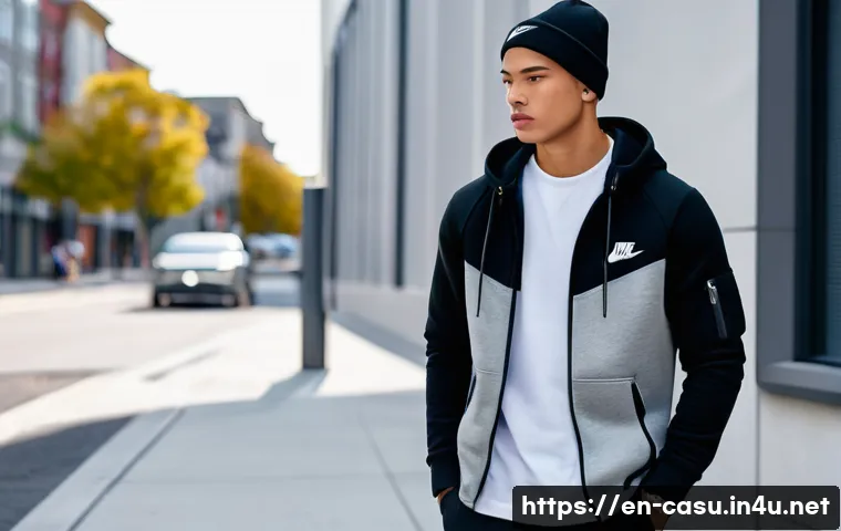나이키 테크 플리스와 후드티 코디 - A stylish young adult male model wearing a sleek black Nike Tech Fleece jacket layered over a slight...