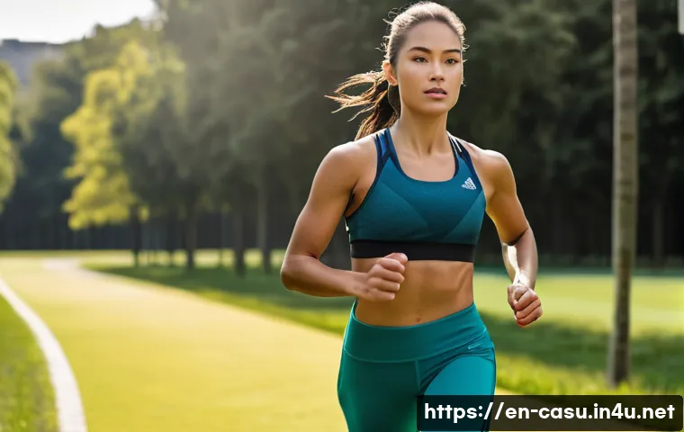 아디다스의 여성용 스포츠 브라 추천 - A dynamic outdoor running scene featuring a female athlete wearing a high-support Adidas sports bra ...