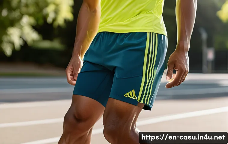 아디다스 클라이마쿨 쇼츠 리뷰 - A close-up, dynamic shot of a male athlete wearing Adidas ClimaCool shorts with visible mesh ventila...