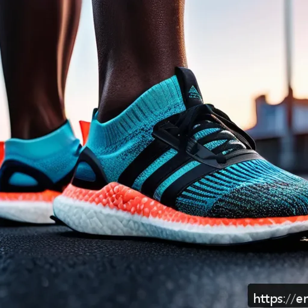 아디다스와 언더아머의 러닝화 차이 - A dynamic close-up shot of a runner&rsquo;s feet in motion wearing Adidas Boost running shoes on an urban ...
