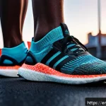 Home 18 아디다스와 언더아머의 러닝화 차이 - A dynamic close-up shot of a runner’s feet in motion wearing Adidas Boost running shoes on an urban ...