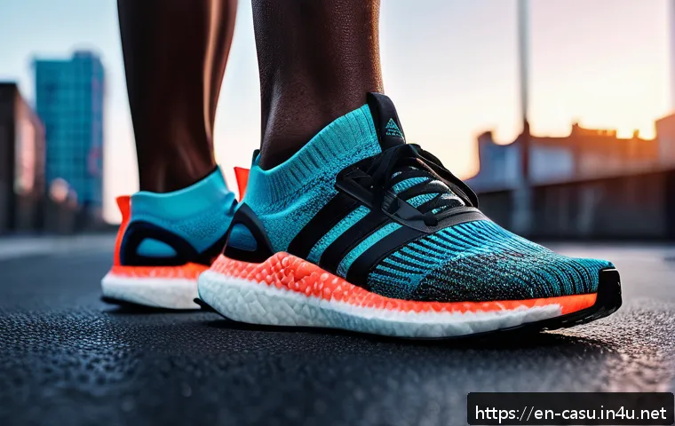 아디다스와 언더아머의 러닝화 차이 - A dynamic close-up shot of a runner’s feet in motion wearing Adidas Boost running shoes on an urban ...
