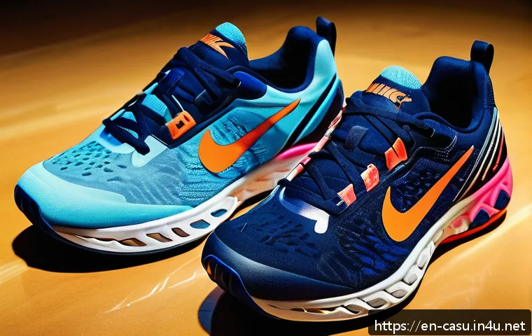디아도라와 나이키의 트레이닝 슈즈 비교 - A high-resolution close-up of two athletic training shoes side by side on a gym floor: one Nike shoe...