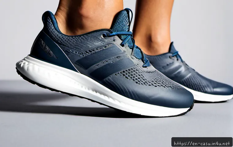 아디다스 퍼포먼스 라인의 특징 - Photorealistic athletic footwear comparison on a clean light-gray studio floor: two unbranded high-p...