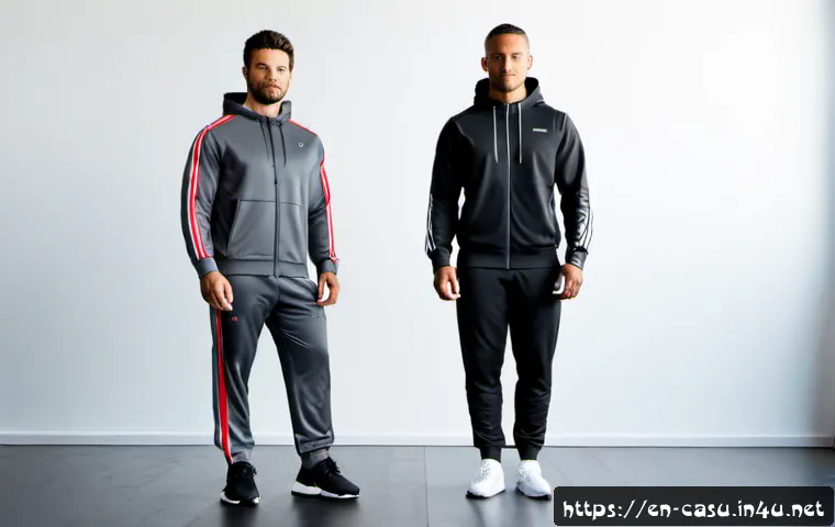 아디다스 vs 언더아머 트레이닝복 비교 - Photorealistic side-by-side comparison of two adult athletes in a bright modern fitness studio, one ...